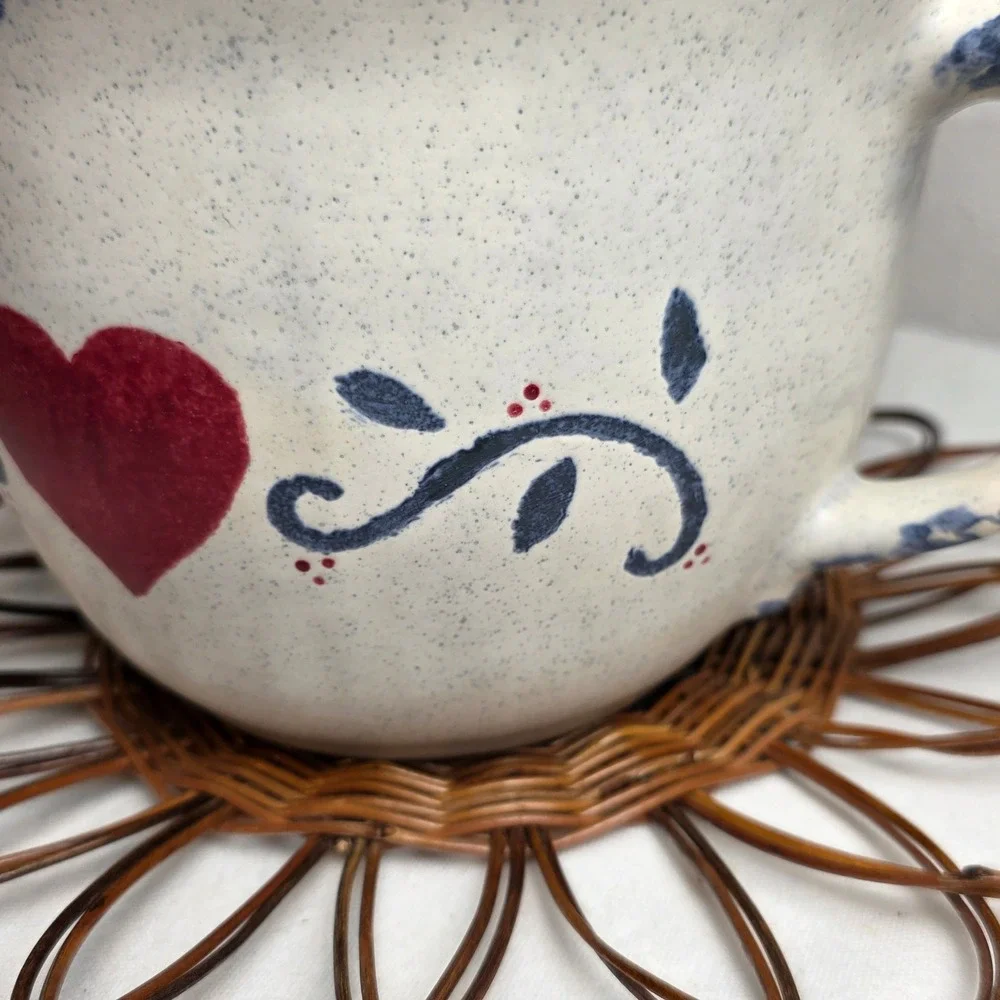 Vintage Farmhouse Stoneware Batter Bowl Blue Sponge Rim Red Heart Vine Cream